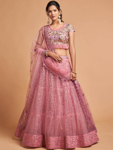 Blush Pink Dori Thread Embroidered Net Wedding Lehenga Choli